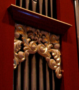 pipe shade carving, carved ornament, accents and highlights, Fritts pipe organ, Vassar College, Poughkeepsie, New York